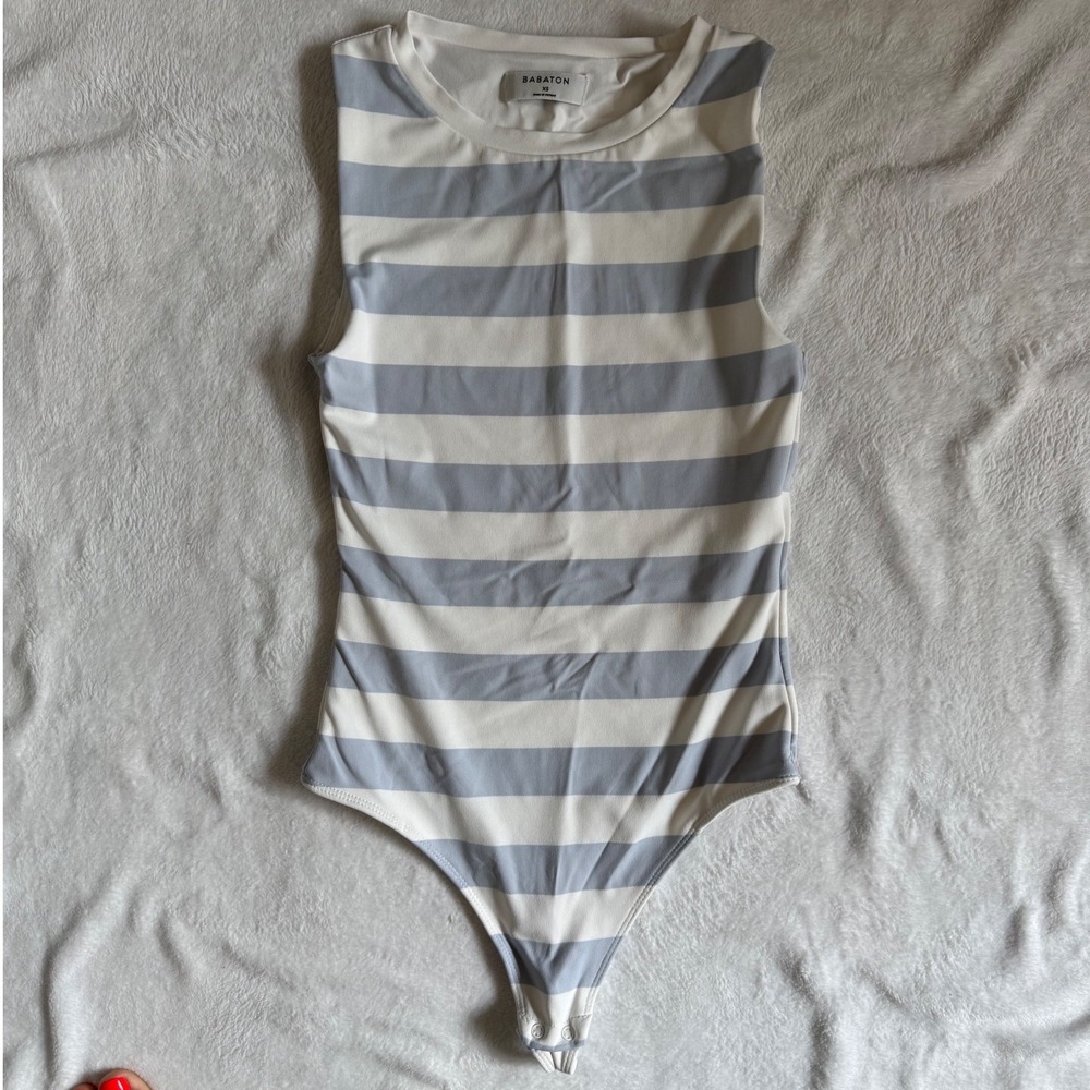 Babaton Aritzia Blue White Striped Sleeveless Bodysuit XS Crew Neck Snap Closure